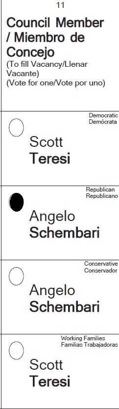 Sample ballot showing Angelo Schembari on the Republican line, Row B, and Conservative line, Row C, in Council Member column 11